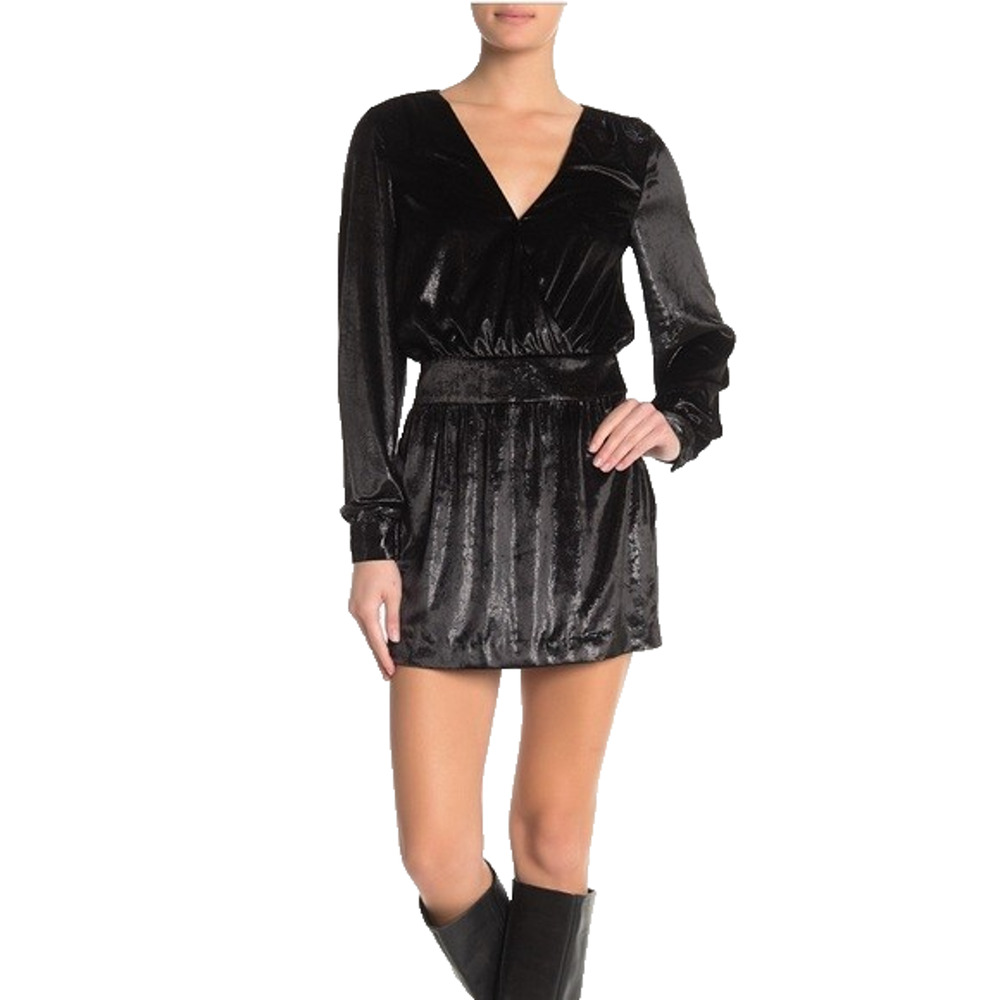 FRAME Black Velvet Wrap Metallic Shimmer Dress Mini Long Sleeve V neck Velour 6